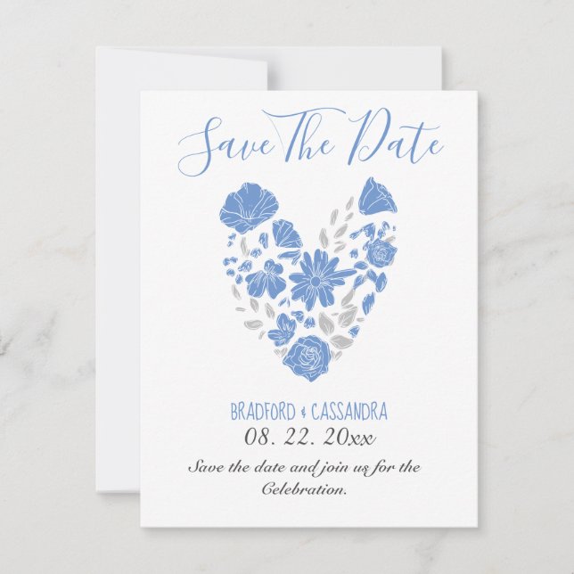 Reserve A Data Dusty Blue Elegant White Gray Floral Heart Wedding (Frente)