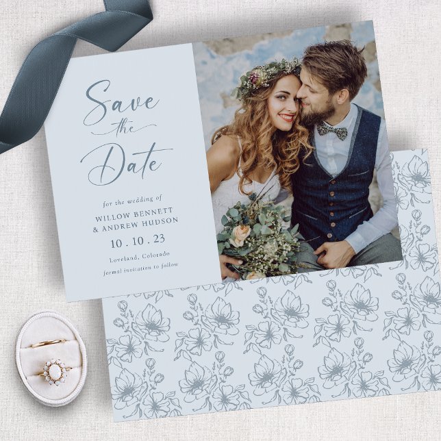 Reserve A Data Dusty Blue Floral (Dusty Blue Floral Save The Date
)