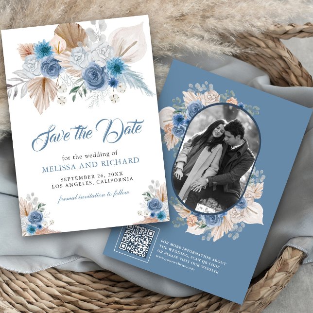 Reserve A Data Dusty Blue Floral Boho Pampas Fotografia Código QR (Criador carregado)