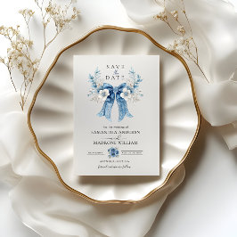 Reserve A Data Dusty Blue Floral Bow Save the Date Wedding Card