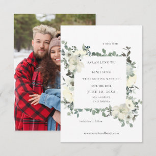 Reserve A Data Dusty Blue & Floral Branco Salve o Dia com Foto V2