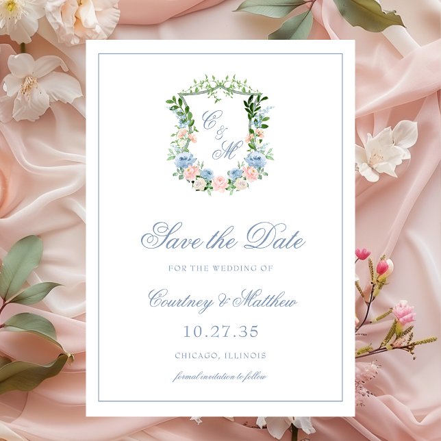 Reserve A Data Dusty Blue Floral Crest Casamento (Criador carregado)