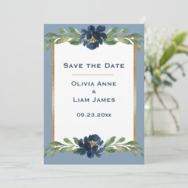 Reserve A Data Dusty Blue Floral Dourado Casamento Elegante