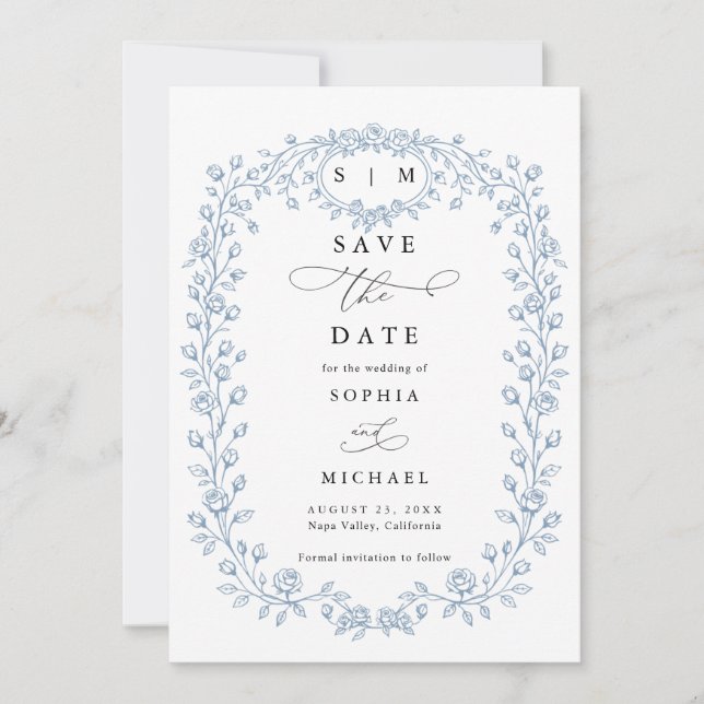 Reserve A Data Dusty Blue Floral Line Art Save The Date Invite (Frente)