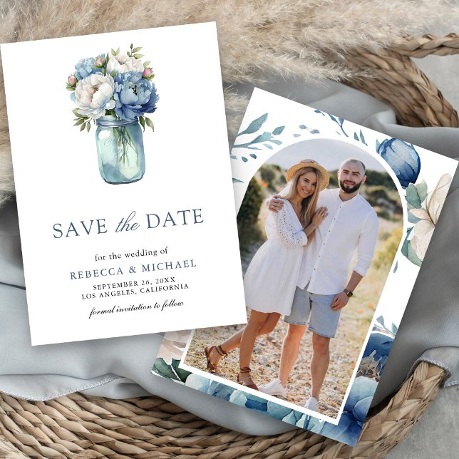 Reserve A Data Dusty Blue Floral Mason Jar Foto Casamento (Criador carregado)