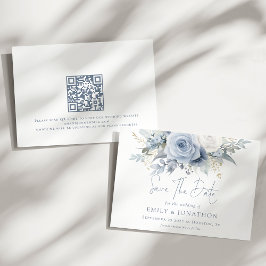 Reserve A Data Dusty Blue Florals Código QR Casamento Azul Escrev