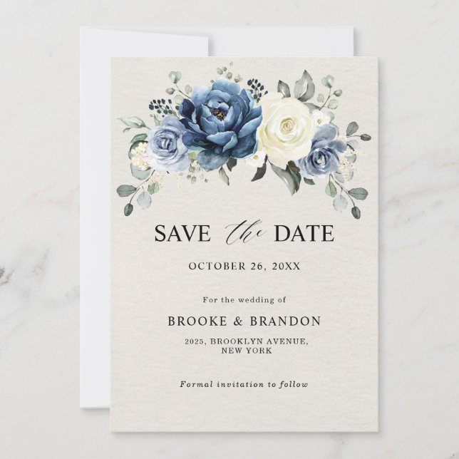 Reserve A Data Dusty Blue Marinho Champagne Ivory Floral Wedding  (Frente)