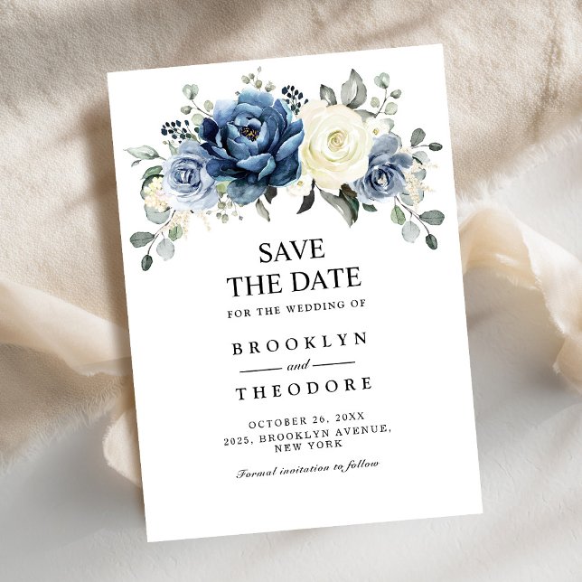 Reserve A Data Dusty Blue Marinho Champagne Ivory Floral Wedding  (Dusty Blue Navy Champagne Ivory Floral Wedding Save The Date card)