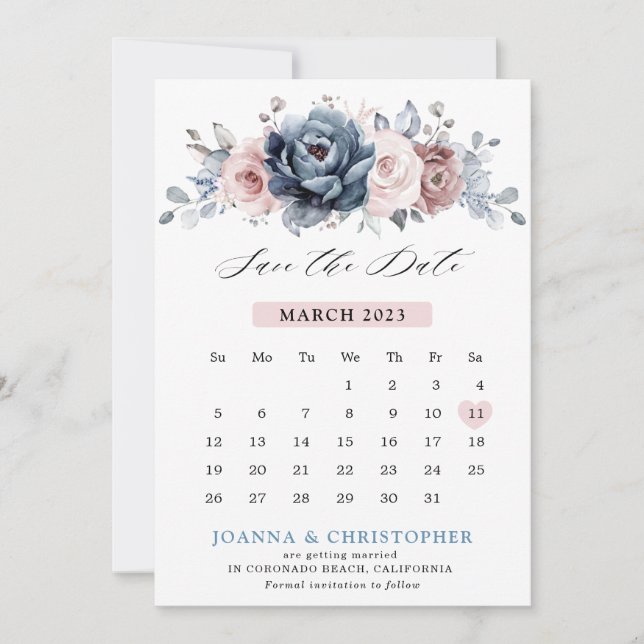 Reserve A Data Dusty Blue Mauve Rosa Rosa Slate Floral Casamento  (Frente)