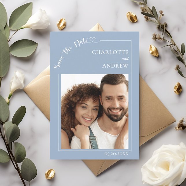 Reserve A Data Dusty blue modern photo wedding Save the Date (Criador carregado)