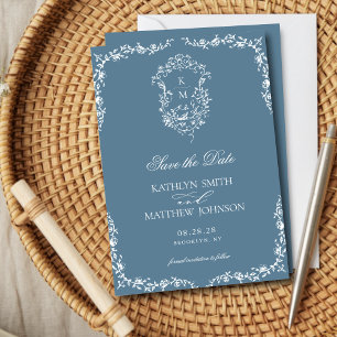 Reserve A Data Dusty Blue Monograma Floral Vintage Crest Casament