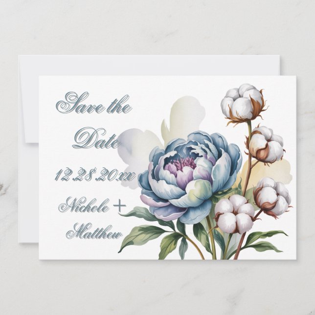 Reserve A Data Dusty Blue Peony and Cotton Wedding (Frente)