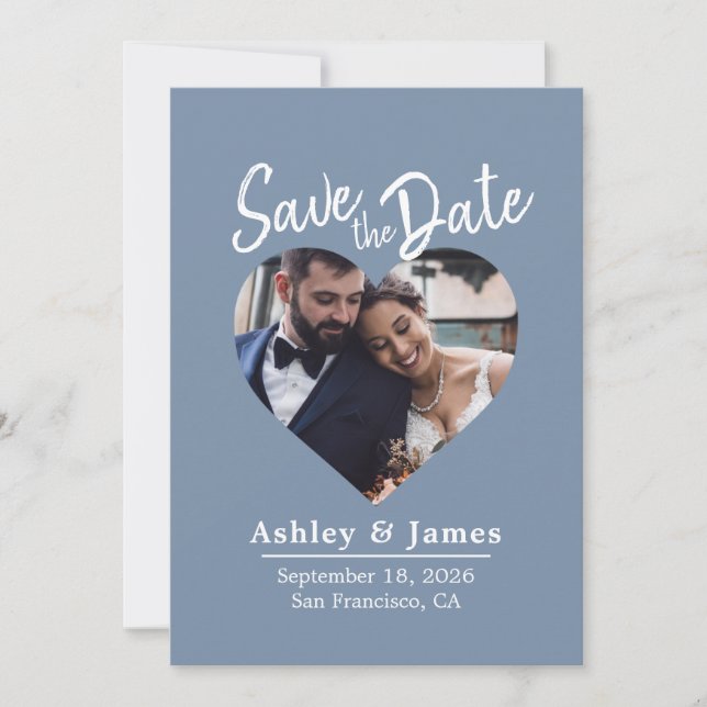 Reserve A Data Dusty Blue Photo Modern Script Save the Date (Frente)