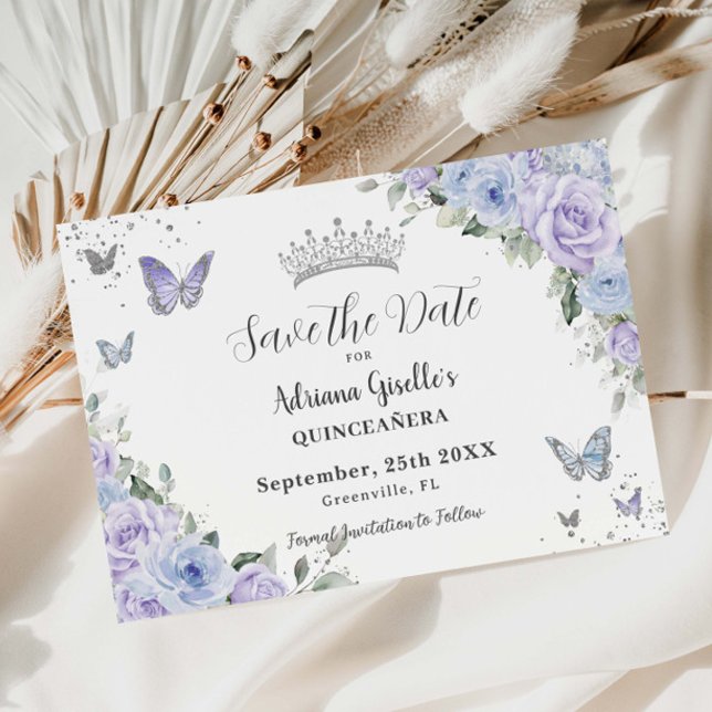 Reserve A Data Dusty Blue Purple Floral Silver Quinceañera 16º (Criador carregado)