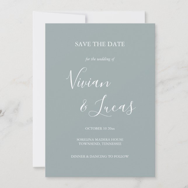 Reserve A Data Dusty Blue Script Wedding Salvar a Data (Frente)