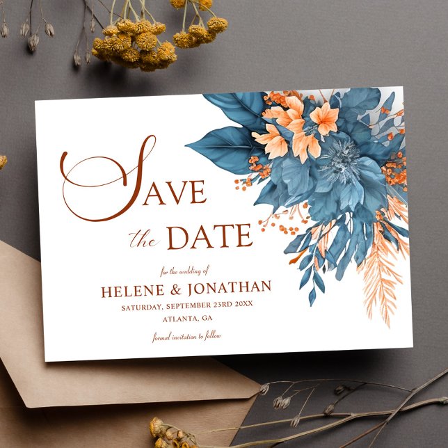 Reserve A Data Dusty Blue Terracotta Boho Elegante Casamento Flor (Dusty Blue Terracotta Boho Elegant Floral Wedding Save The Date)