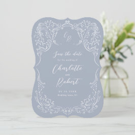 Reserve A Data Dusty Blue Vintage Casamento de Monograma Flourish