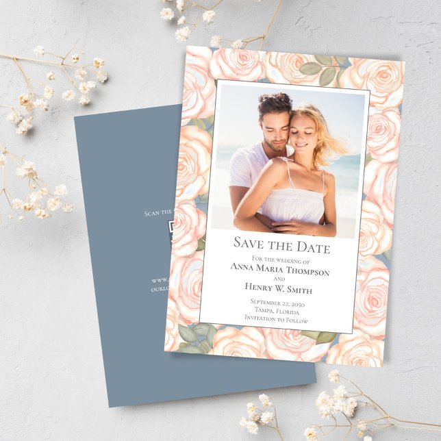 Reserve A Data Dusty Blue Wedding Salva a Foto Floral de Data (Elegant blush pink floral design save the date photo card)