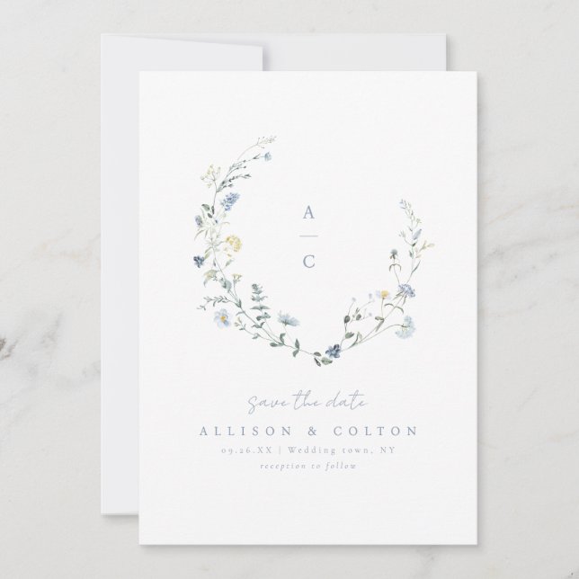 Reserve A Data Dusty Blue Wildflower Rustic Boho Monograma de Cas (Frente)