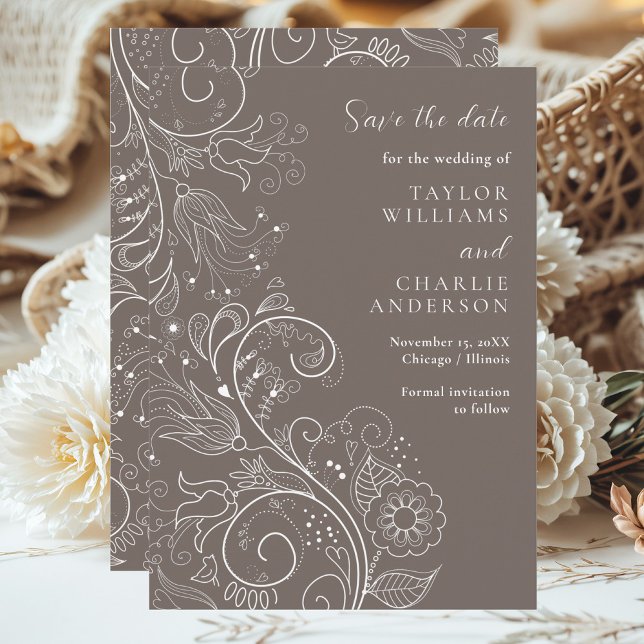 Reserve A Data Dusty Brown Elegant Floral Casamento Salva A Data (Criador carregado)