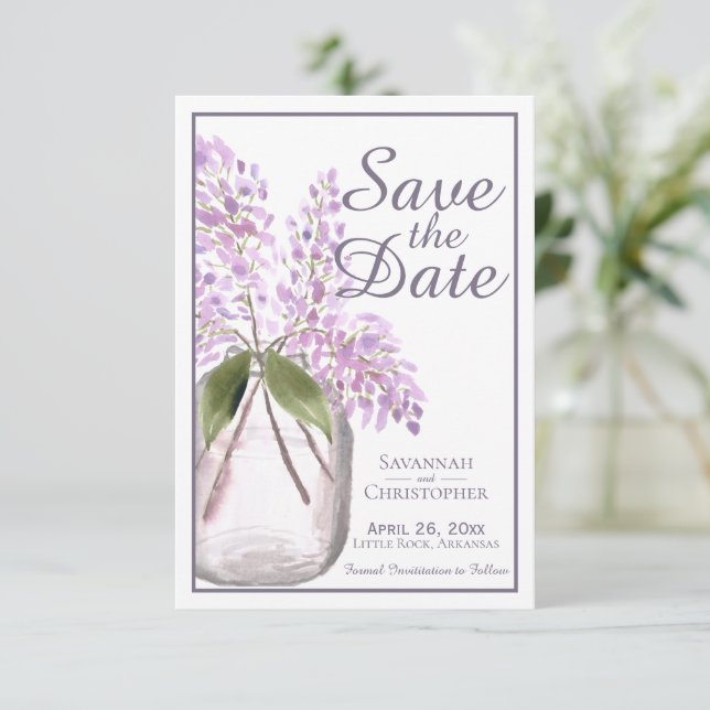 Reserve A Data Dusty Purple Watercolor Jar of Lilacs Wedding (Em pé/Frente)