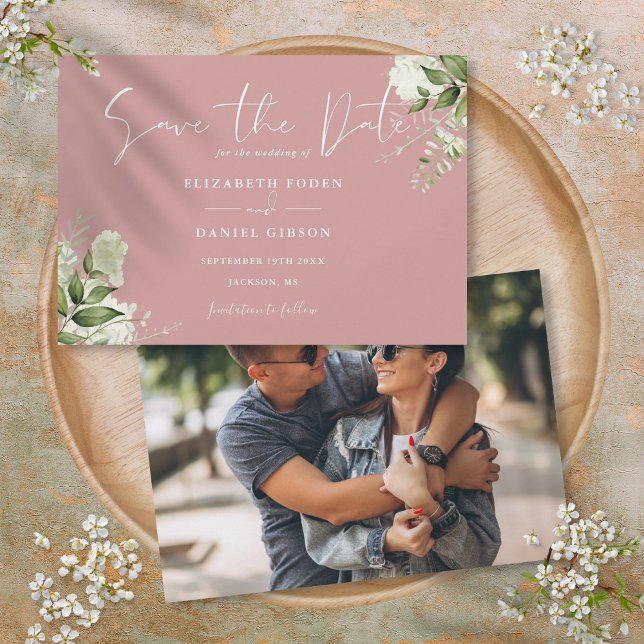 Reserve A Data Dusty Rosa Elegante Greenery Foto Floral Casamento (Dusty Rose Elegant Greenery Floral Photo Wedding Save The Date)