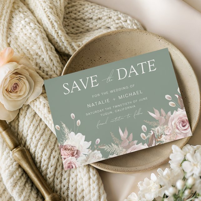 Reserve A Data Dusty Rose, Blush & Sage Boho Floral Wedding (Criador carregado)