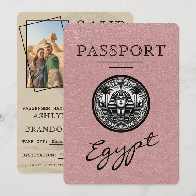 Reserve A Data Dusty Rose Egypt Passport Wedding Save the Date (Frente/Verso)