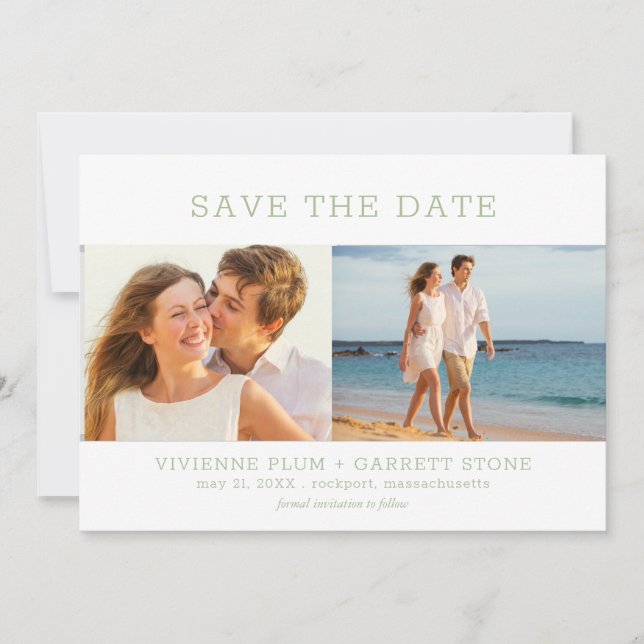Reserve A Data Dusty Sage Green Text Three Photo Casamento (Frente)