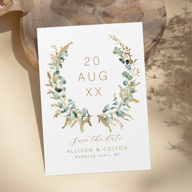 Reserve A Data Ecalyptus ouro-verde-boho salva a data (Rustic eucalyptus gold greenery boho save the date)
