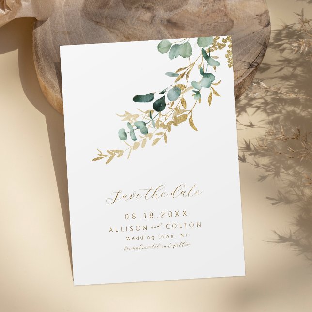 Reserve A Data Ecalyptus ouro-verde-boho salva a data (Rustic eucalyptus gold greenery boho save the date)