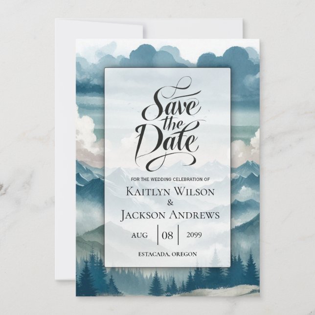 Reserve A Data Ecos Através dos Pinheiros Nebulosos Casamento (Frente)