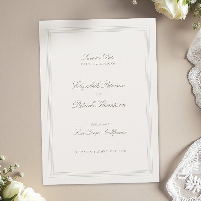 Reserve A Data Ecru Triplo Formal Elegante Clássico Moderno Casam (formal wedding save the date modern classic triple frame faux embossed black tie ecru traditional)