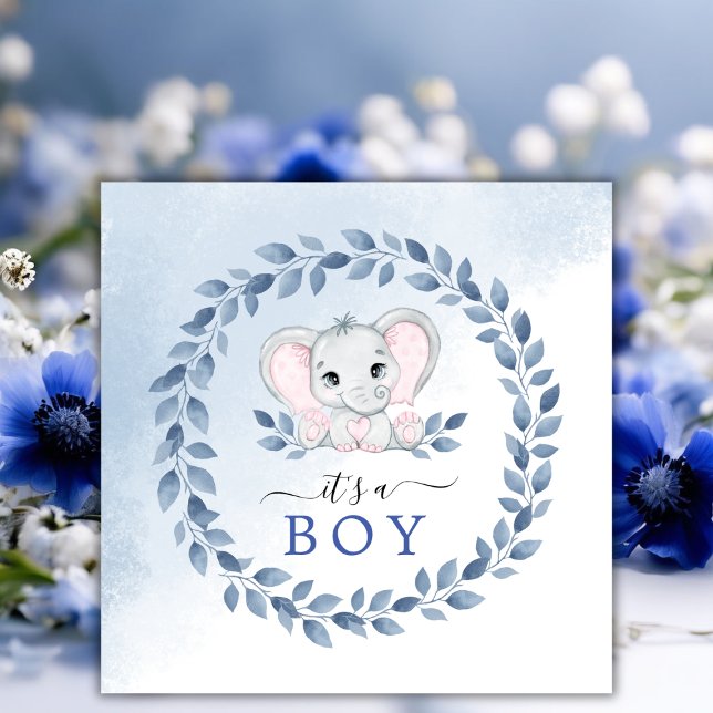 Reserve A Data Elefante com Anêmonas Azuis É um Chá de fraldas (Elephant With Blue Anemones It's A Boy Baby Shower Save The Date)