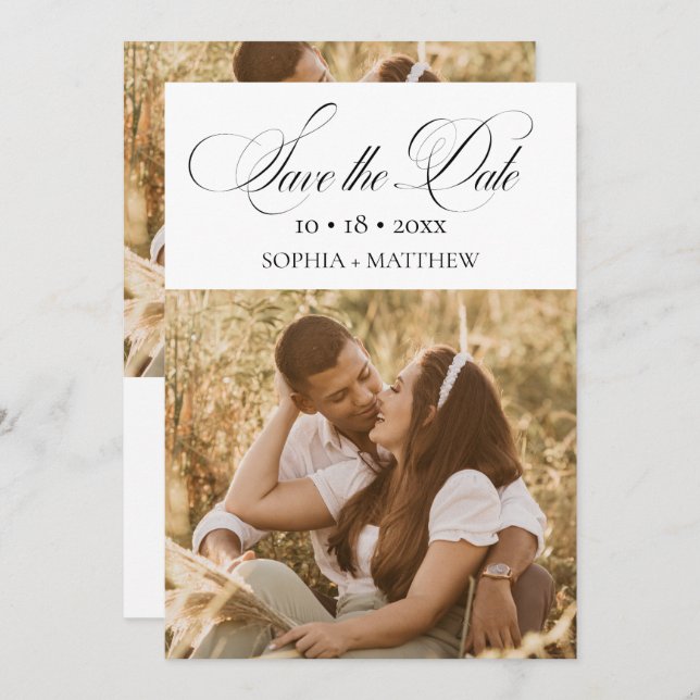 Reserve A Data Elegance Script 2 Photo Wedding Save The Date (Frente/Verso)