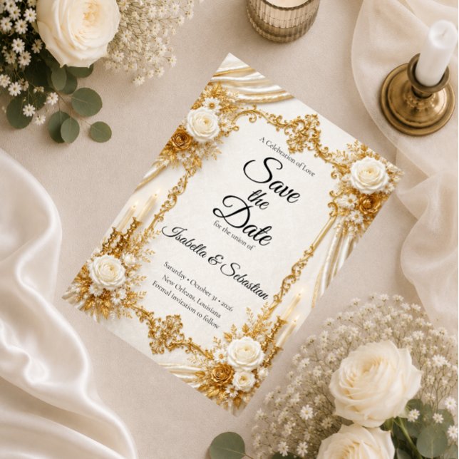 Reserve A Data Elegância Atemporal Dourada de Marfim Casamento (Criador carregado)