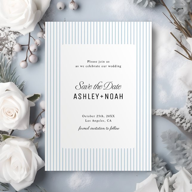 Reserve A Data Elegância Listrada Azul Empoeirada Casamento Cláss (Dusty Blue Striped Elegance Classy Wedding Save The Date)