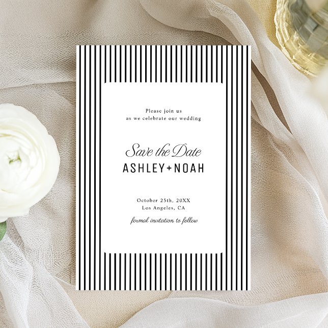 Reserve A Data Elegância Listrada Preto e Branco Casamento Clássi (Black And White Striped Elegance Classy Wedding Save The Date)