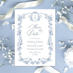 Reserve A Data Elegância Ornada Vitoriana Floral Pó Azul Casament