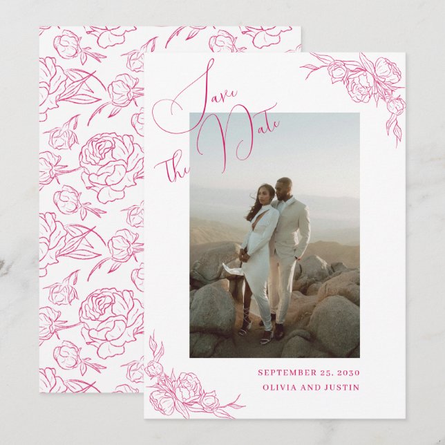 Reserve A Data Elegância Peônia Casamento (Frente/Verso)