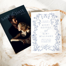 Reserve A Data Elegância Vintage Flores Azul Poeira Moldura Casam