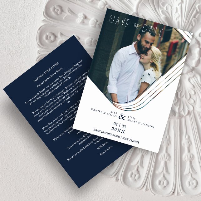 Reserve A Data Elegant Abstract Navy Photo Sophisticated Wedding (Elegant Abstract Navy Blue Photo Sophisticated Downloadable Wedding Save the Date Card. )