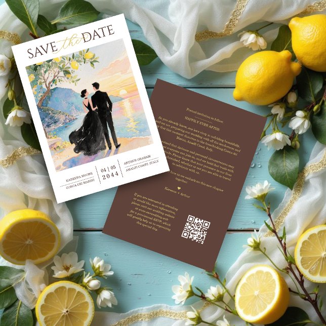 Reserve A Data Elegant Amalfi Coast Lemon Tree Wedding Couple (Elegant Amalfi Coast Lemon Tree Chic Wedding Couple Save the Date Cards with Back QR Code.)