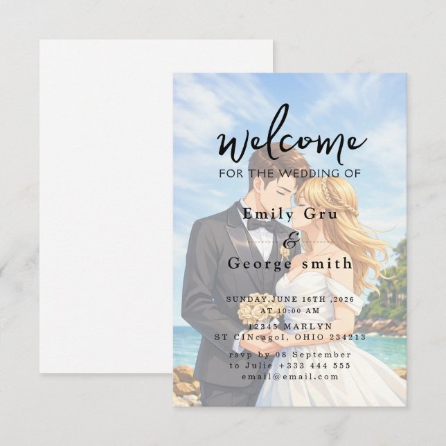 Reserve A Data Elegant Anime Wedding Welcome Invitation (Frente/Verso)
