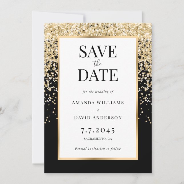 Reserve A Data Elegant Black and Gold Confetti Wedding (Frente)