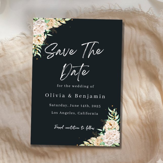 Reserve A Data Elegant Black Floral Save the Date Card (Criador carregado)