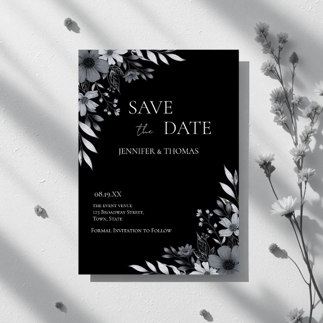 Reserve A Data Elegant Black & White Floral Hand-Drawn Wedding (Elegant Black & White Floral Hand-Drawn Wedding Save The Date)
