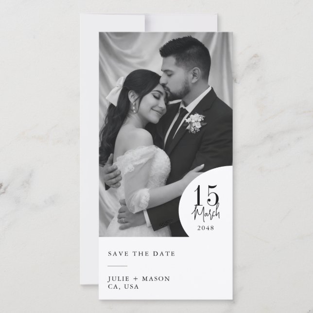 Reserve A Data Elegant Black & White Photo Save the Date Wedding  (Frente)
