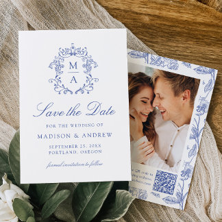 Reserve A Data Elegant Blue Chinoiserie Floral QR Code Wedding