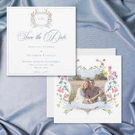 Reserve A Data Elegant Blue Pastel Wildflower Crest Wedding Photo
